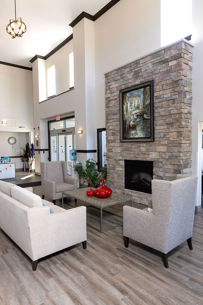 lobby sitting area with a fireplace